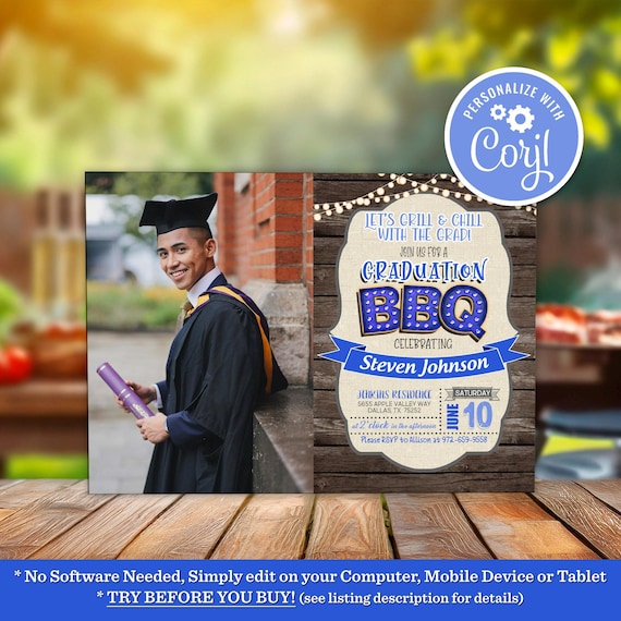 BBQ Graduation Party Invitation, Grill & Chill with the Grad, Editable Template (Digital Download)