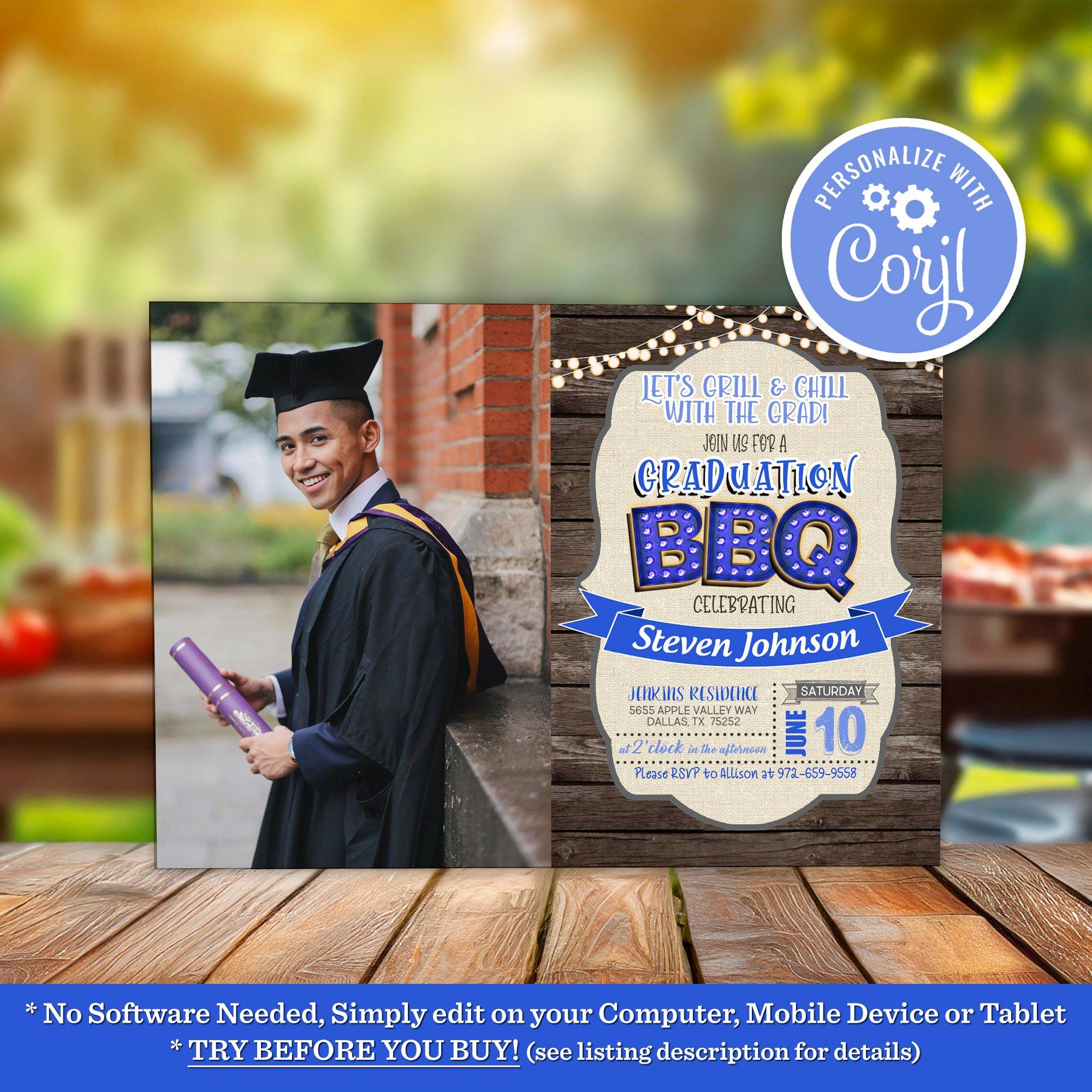 Backyard BBQ Graduation Party Invitation, Grill and Chill Senior High School Grad Party Invite Editable Printable Instant Download Template