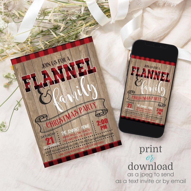 May include: A Christmas party invitation with a rustic wood background and red and black plaid accents. The invitation reads "Join us for a Flannel & Family Christmas Party" with event details. A smartphone displays the same invitation.
