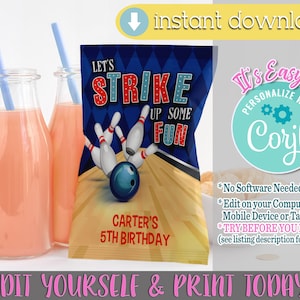 Bowling Birthday Chip Bag Template: Editable Party Favor (Digital Download)