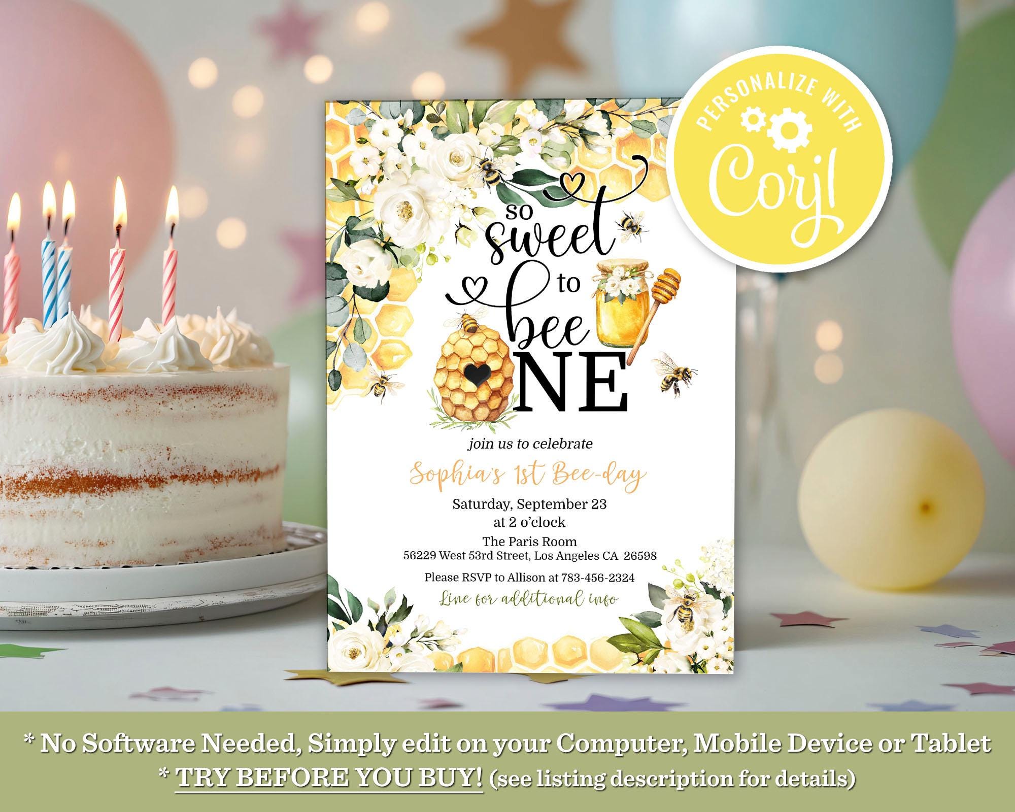 Editable Honey Bee 1st Birthday Invitation - so Sweet to Bee ONE Theme ...
