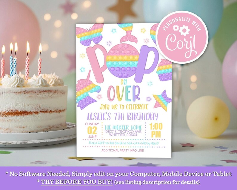 Pop It Birthday Party Invitation Rainbow Pastel Bubble Fidget Toy Editable Printable Instant Download Digital Invite Template