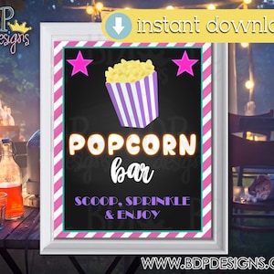 Popcorn Bar Sign: Movie Night Party Decor (PDF & JPEG)