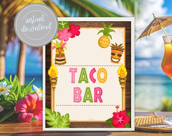 May include: A printable sign with a tropical theme, featuring tiki masks, pineapples, and torches. The sign says "Taco Bar" in pink, yellow, and green letters.