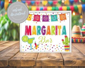 May include: A white sign with a colorful border and the text "Margarita Bar" in a rainbow font. The sign also features a margarita glass, a chili pepper, and a cactus in a pot.
