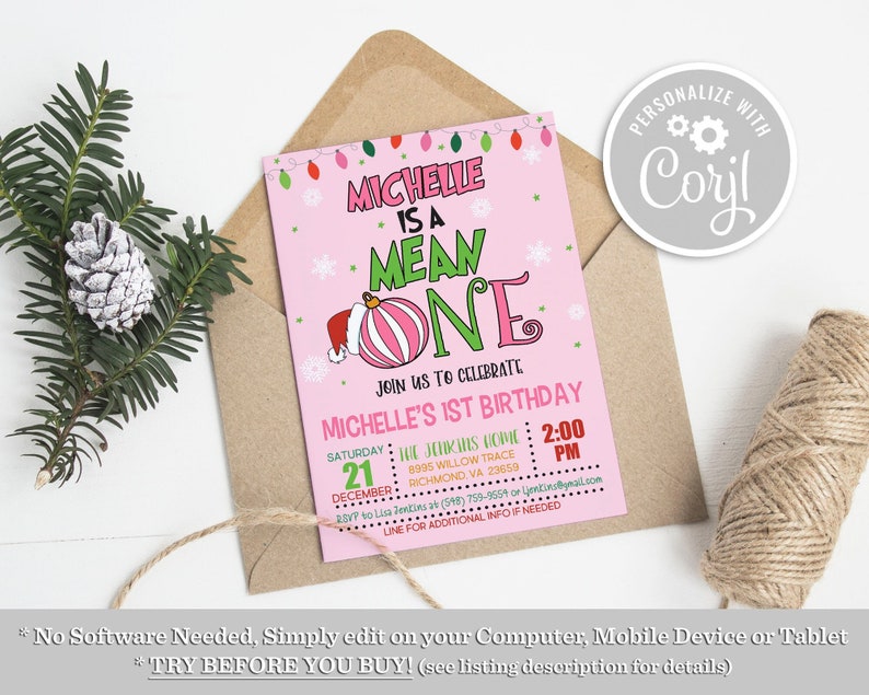 Op de afbeelding: Een roze en groene printbare verjaardagsuitnodiging met de tekst "Michelle is a Mean One" en een kerstversieringafbeelding. De uitnodiging bevat details voor een feest op 21 december om 14:00 uur. De tekst "Personaliseer met Coril" staat in een grijze cirkel met tandwielen.
