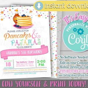 Pancakes and Pajamas Invitation, Pancakes and Pajamas Party, Pancakes and Pajamas Birthday, Pancake and Pajamas, Girl Birthday, Pancake
