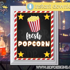 Fresh Popcorn Sign: Backyard Movie Night Party Decor (PDF & JPEG)