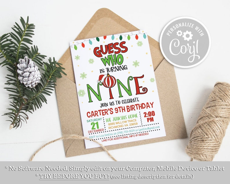 Peut inclure: Une invitation d'anniversaire sur le th&egrave;me de No&euml;l pour un 9&egrave;me anniversaire. L'invitation pr&eacute;sente une boule de No&euml;l rouge et verte avec un chapeau de P&egrave;re No&euml;l et le texte "Devinez qui a 9 ans". L'invitation comprend &eacute;galement la date, l'heure et le lieu de la f&ecirc;te.