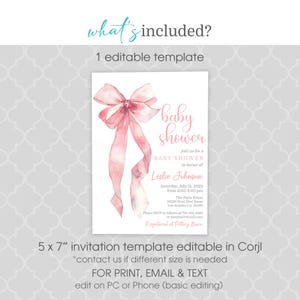 May include: Pink watercolor baby shower invitation with a ballerina shoe and bow. The invitation says "baby shower" and includes the text "join us for a baby shower in honor of Leslie Johnson".