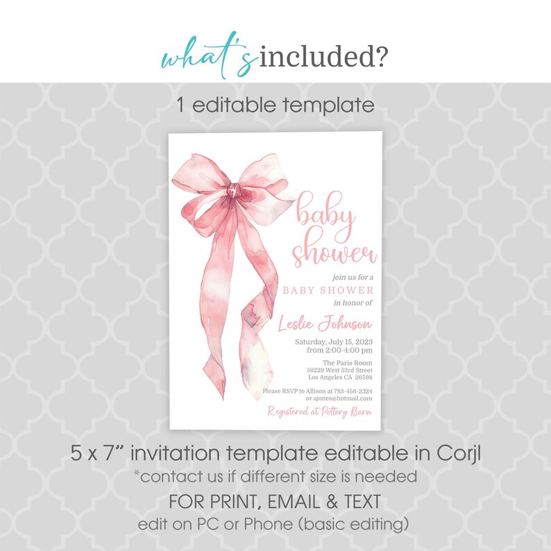 May include: Pink watercolor baby shower invitation with a ballerina shoe and bow. The invitation says "baby shower" and includes the text "join us for a baby shower in honor of Leslie Johnson".