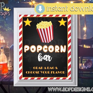 Popcorn Bar Sign: Movie Night Party Decor (PDF & JPEG Download)