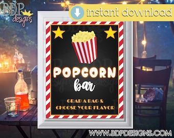 Popcorn Bar Sign: Movie Night Party Decor (PDF & JPEG Download)