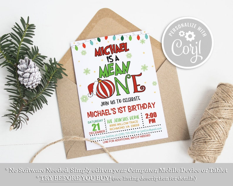 K&ouml;nnte beinhalten: Eine Weihnachts-Geburtstagseinladung f&uuml;r ein Kind namens Michael. Die Einladung zeigt einen roten und wei&szlig;en Weihnachtsbaumschmuck mit einer Weihnachtsmannm&uuml;tze und dem Text "Michael is a Mean One". Die Einladung enth&auml;lt Details zur Party, einschlie&szlig;lich Datum, Uhrzeit und Ort.