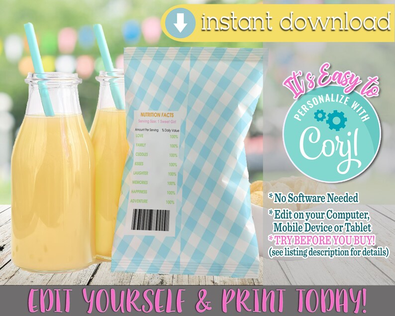 May include: A blue and white gingham chip bag with a nutrition facts label and the text "It's Easy to Personalize with Coril" in a circle with gears. The text "No Software Needed", "Edit on your Computer, Mobile Device or Tablet", "TRY BEFORE YOU BUY! (see listing description for details)" and "EDIT YOURSELF & PRINT TODAY!" are also included.