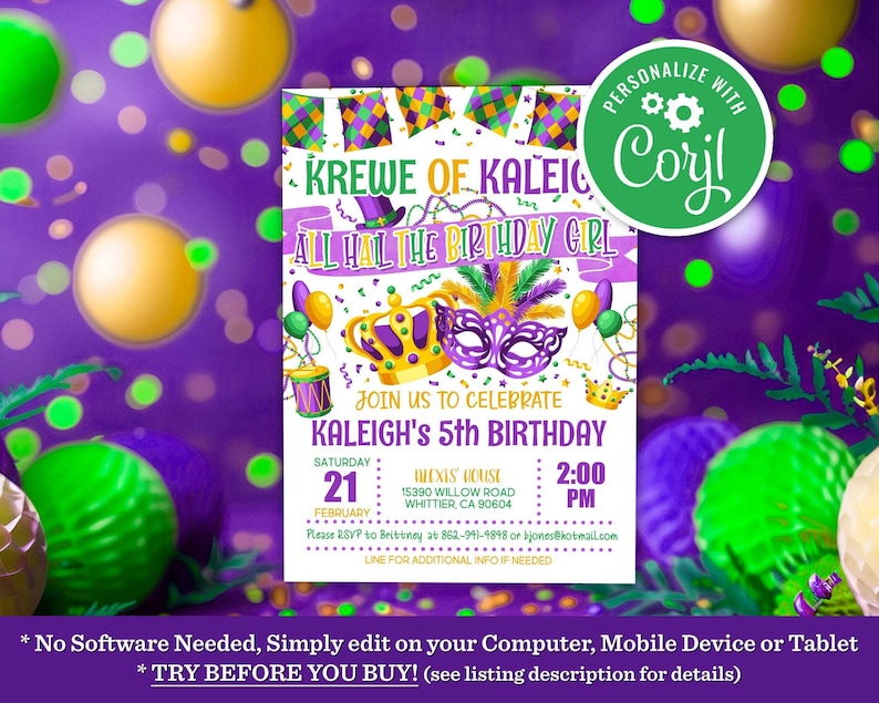 Mardi Gras Birthday Party Invitation King Cake New Orleans Krewe Fat Tuesday Theme Editable Printable Instant Download Template Invite