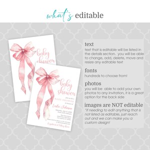 May include: Pink watercolor baby shower invitation with a pink bow and the text "baby shower" in pink. The invitation includes the text "Join us for a baby shower in honor of Leslie Johnson" and the date and time of the event. The text "images are NOT editable" is also included.