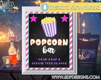 Popcorn Bar Sign: Movie Night Party Decor (PDF & JPEG Download)
