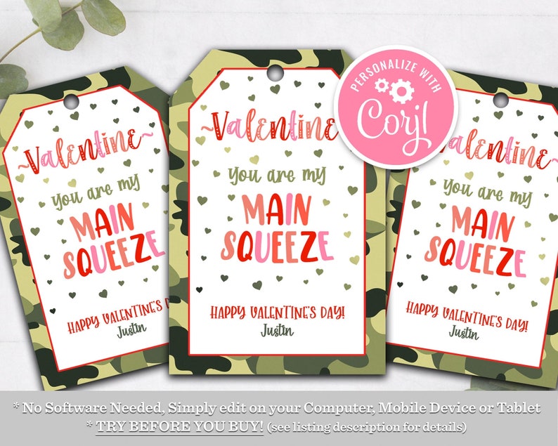 Editable Camo Main Squeeze Valentine Tag Valentine Happy Valentine's Day Classroom School Gift Tags Favor Printable Instant Download VDY image 1