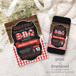 May include: A red and white checkered background with a black chalkboard style invitation for a backyard BBQ in honor of Jessica and Steven. The invitation includes the date, time, and location of the event. The text on the invitation reads "A bun is in the oven & the burgers on the grill! Join us for a backyard BBQ in honor of Jessica & Steven. Saturday, June 10, 2 o'clock in the afternoon. Jenkins Residence, 5655 Apple Valley Way, Dallas, TX 75252. Please RSVP to Allison at 972-659-9558. Registered at Target & Babies R Us."