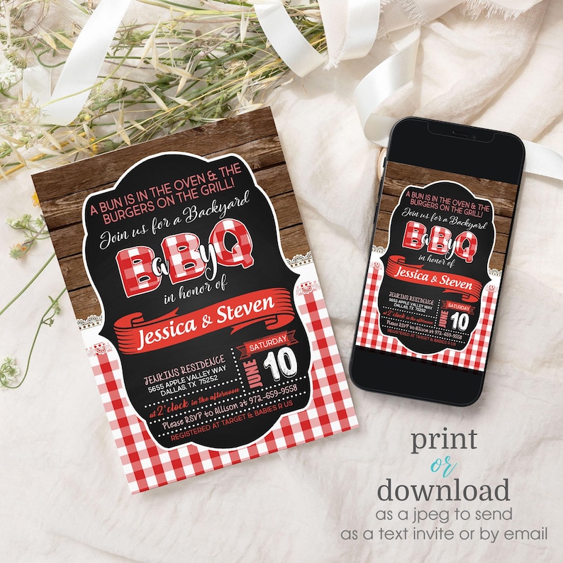 May include: A red and white checkered background with a black chalkboard style invitation for a backyard BBQ in honor of Jessica and Steven. The invitation includes the date, time, and location of the event. The text on the invitation reads "A bun is in the oven & the burgers on the grill! Join us for a backyard BBQ in honor of Jessica & Steven. Saturday, June 10, 2 o'clock in the afternoon. Jenkins Residence, 5655 Apple Valley Way, Dallas, TX 75252. Please RSVP to Allison at 972-659-9558. Registered at Target & Babies R Us."