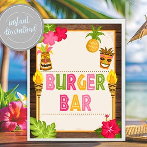 Luau Burger Bar Sign: Tiki Hawaiian Theme Party Decor (Digital Download)