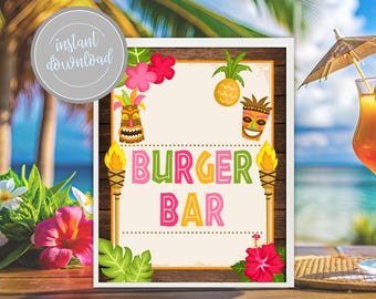 Luau Burger Bar Sign: Tiki Hawaiian Theme Party Decor (Digital Download)