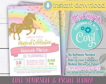 Unicorn Birthday Invitation, Unicorn Birthday Invitation Download, Unicorn Birthday Invitation Template, Unicorn Birthday Invitation Digital