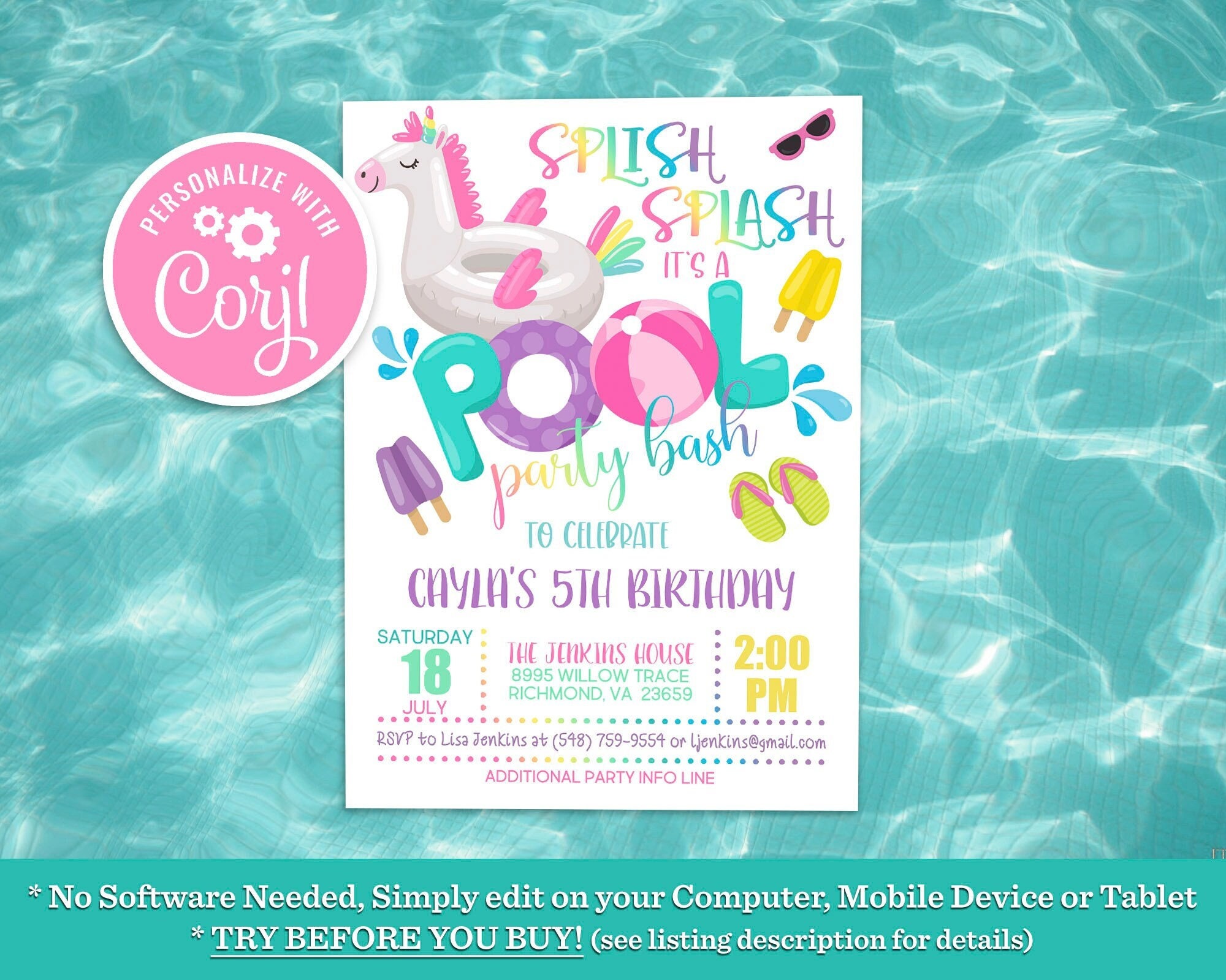 Unicorn Pool Party Birthday Invitation, Editable Girl Pink Splish Splash Pool Party Bash Floaty Invite Instant Download Digital Template