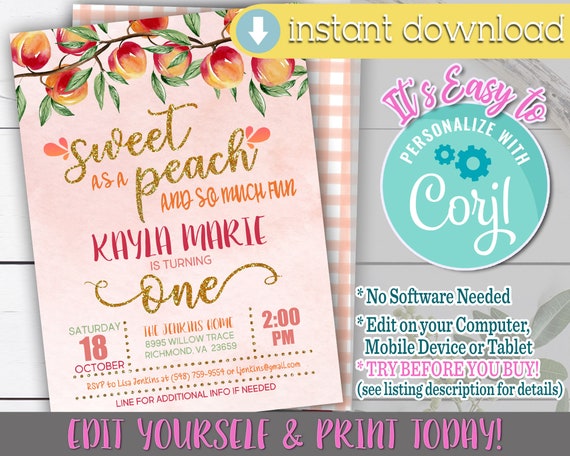 Sweet As A Peach 1st Birthday Invitation Sweet As A Peach 1st Birthday 