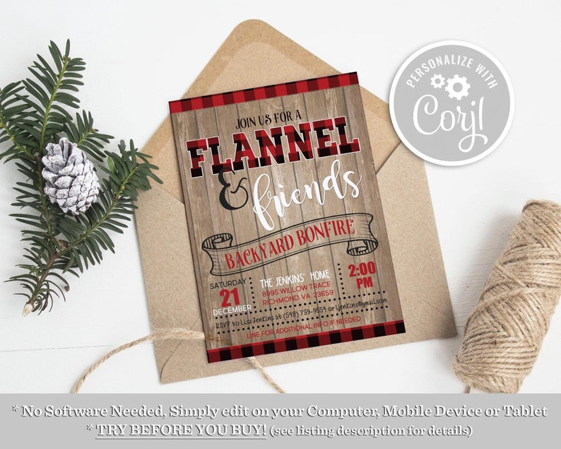 Flannel and Friends Backyard Bonfire Invitation Invite Rustic Buffalo Plaid Christmas Party Invitation Printable Instant Download Template
