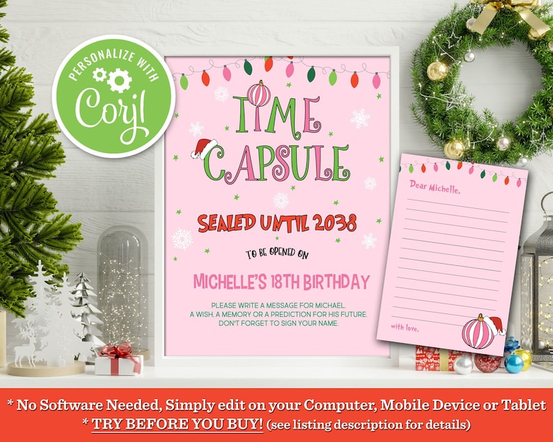 Puede incluir: Se&ntilde;al rosa imprimible de c&aacute;psula del tiempo con tem&aacute;tica navide&ntilde;a. La se&ntilde;al dice "C&aacute;psula del tiempo sellada hasta 2038 Para abrir en el cumplea&ntilde;os n&uacute;mero 18 de Michelle". Incluye instrucciones para escribir un mensaje para Michelle, un deseo, un recuerdo o una predicci&oacute;n para su futuro. La se&ntilde;al tambi&eacute;n incluye una tarjeta rosa en blanco con el texto "Querida Michelle" y "con amor".