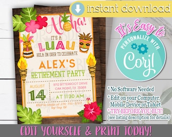 Luau Retirement Invitation, Luau Retirement, Retirement Party Invitation for Men, Retirement Party Invitation Download, Retirement Luau