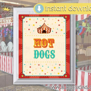 Hot Dogs Sign, Carnival Signs, Carnival Theme Party, Carnival Birthday, Carnival Game Sign, Carnival Game, Carnival Signage, Circus Signage