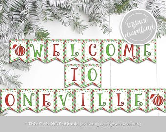 Bem-vindo ao ONEville Banner, Banner de Natal ONE Birthday, Decoração de Festa de Aniversário de Natal Decorações 1º Aniversário Download Instantâneo GP6