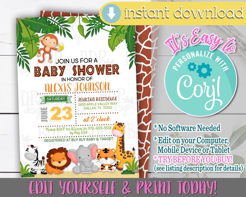 Jungle Baby Shower Invitation Jungle Baby Shower Invitation Etsy