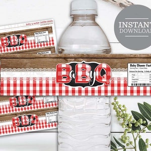 Baby Q Water Bottle Label, Baby-Q Baby Shower, Couples Co-Ed Backyard BBQ, (8&quot;x2&quot;), INSTANT Download, Baby Shower, BBQ Water Bottle Label