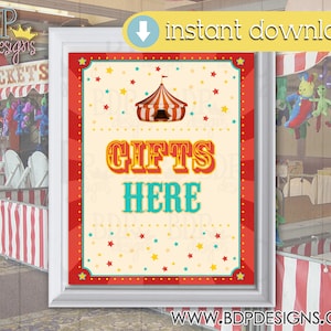 Gifts Here Sign, Carnival Signs, Carnival Theme Party, Carnival Birthday, Carnival Game Sign, Carnival Game, Carnival Signage, Circus Sign