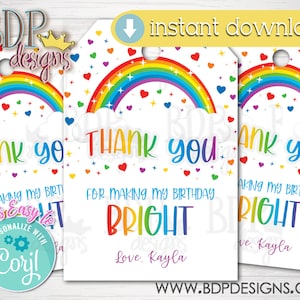 Rainbow Birthday Favor Tag, Rainbow Favor Tag, Rainbow Party Favor, Rainbow Birthday Party, Rainbow, Thank You for Making My Birthday Bright