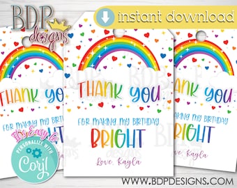 Rainbow Birthday Favor Tag, Rainbow Favor Tag, Rainbow Party Favor, Rainbow Birthday Party, Rainbow, Thank You for Making My Birthday Bright