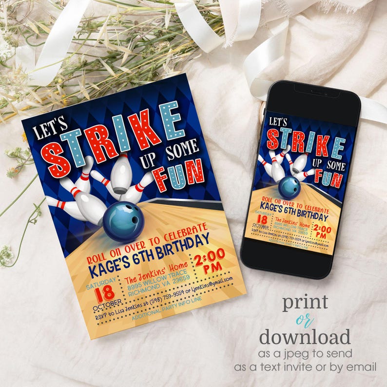 Peut inclure: Une invitation d'anniversaire sur le th&egrave;me du bowling, en bleu et rouge, avec le texte "Let's Strike Up Some Fun" et les d&eacute;tails de la f&ecirc;te du 6&egrave;me anniversaire de Kage. L'invitation comprend la date, l'heure, le lieu et les informations de RSVP.
