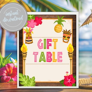 Letrero de mesa de regalo LUAU, tema Tiki tropical hawaiano de playa, piña, para baby shower, cumpleaños, despedida de soltera, decoración imprimible, descarga instantánea