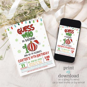 May include: A white invitation card and a smartphone displaying a birthday party invitation. The invitation reads "Guess Who Is Turning 10" with a festive design. The card includes event details: date, time, and location for Carter's 10th birthday.