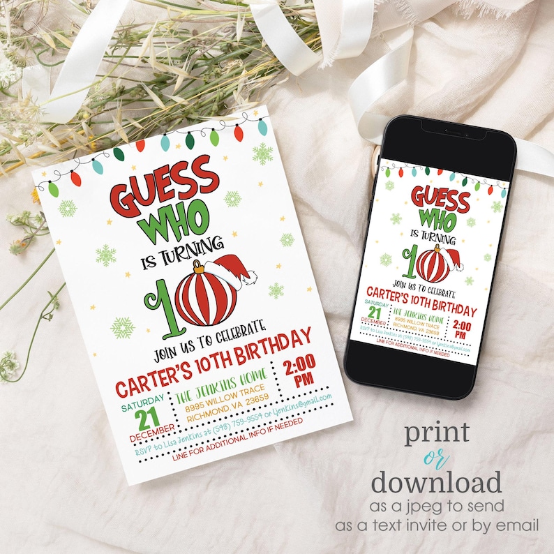 May include: A white invitation card and a smartphone displaying a birthday party invitation. The invitation reads "Guess Who Is Turning 10" with a festive design. The card includes event details: date, time, and location for Carter's 10th birthday.