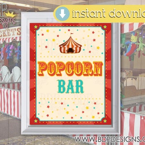 Popcorn Bar Sign, Carnival Signs, Carnival Theme Party, Carnival Birthday, Carnival Game Sign, Carnival Game, Carnival Signage, Circus Sign