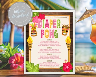 Luau Baby Shower Diaper Pong Game Sign: Tiki Hawaiian Decor (Digital Download)