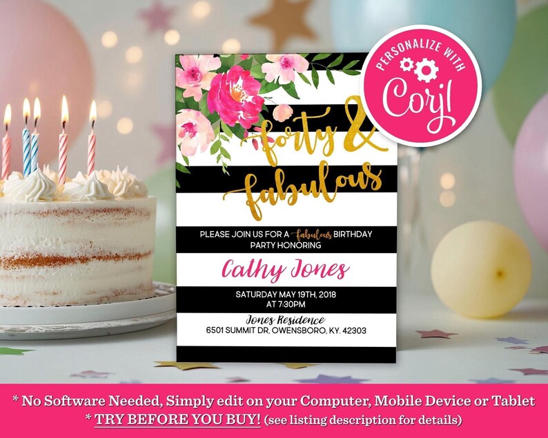 Forty and Fabulous Birthday Invitation Adult Women 40th Party Glam Elegant Editable Printable Instant Download Digital Invite Template