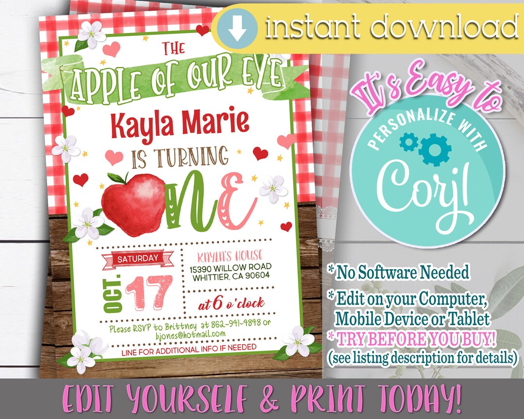 Apple First Birthday Invitation Apple Birthday Invitation Etsy