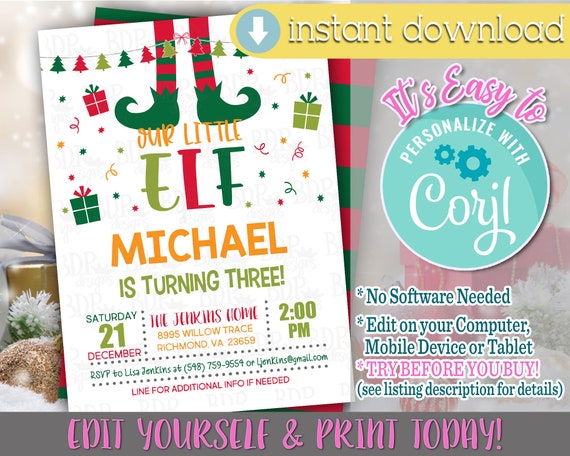 Our Little Elf Birthday Invitation, Our Little Elf Birthday Invite, Our