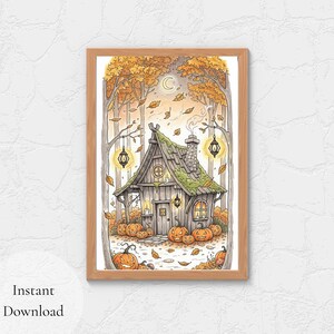 Witches Hut Fall Art Print: Cozy Halloween Illustration (Digital Download